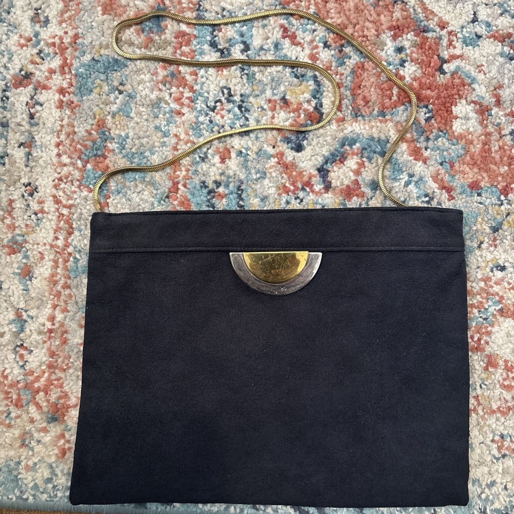 REVA Vintage Ultrasuede Black Crossbody Bag Gold Snake Chain Mixed Metal Detail